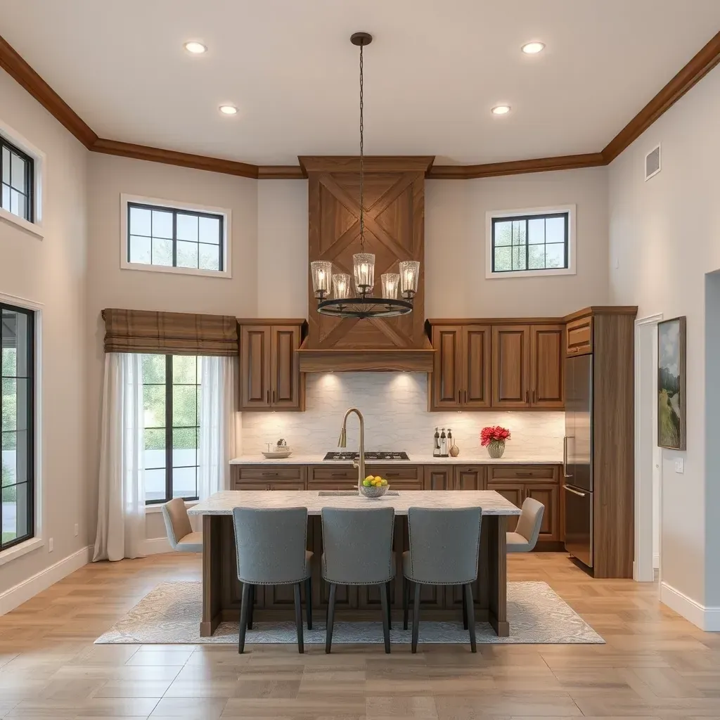 Modern San Marcos kitchen with granite counters, white cabinets, subway backsplash, stainless appliances, hardwood floors, and lush backyard views.
