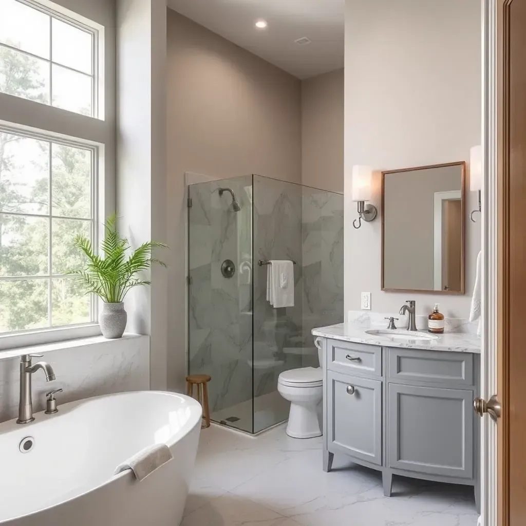 Stylish bathroom remodel in Leander, TX with modern fixtures, elegant tile, and sleek design for a fresh look.