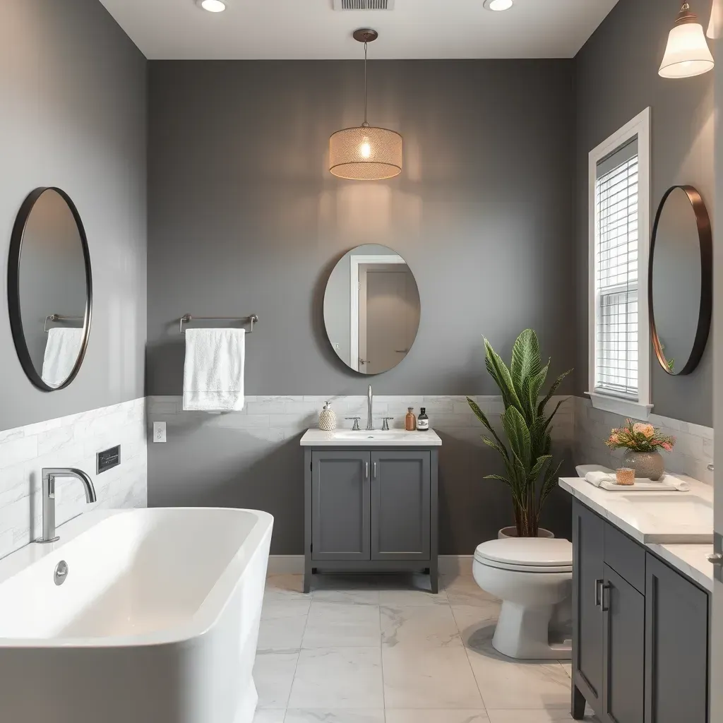 Elegant modern bathroom in Killeen, TX with a glass shower, freestanding tub, stone vanity, and remodeling tools visible.