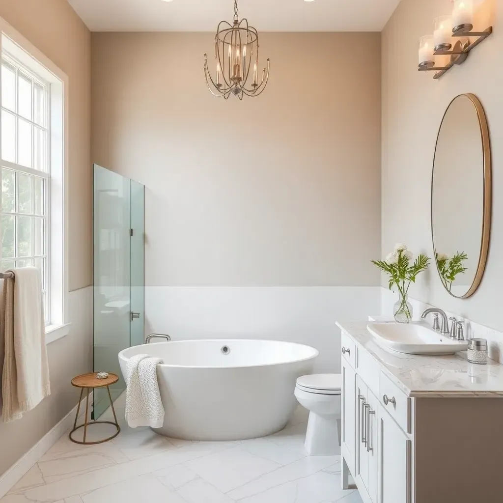 Bright bathroom with walk-in shower, soaking tub, double vanity, and modern design in Waco, TX.