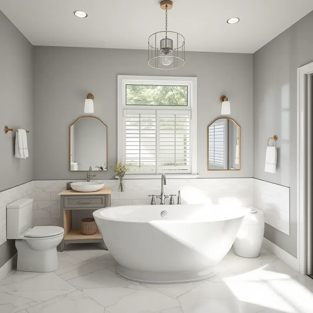 Modern bathroom with walk-in shower, freestanding tub, marble vanity, natural light, greenery, and stylish fixtures in Seguin, TX.