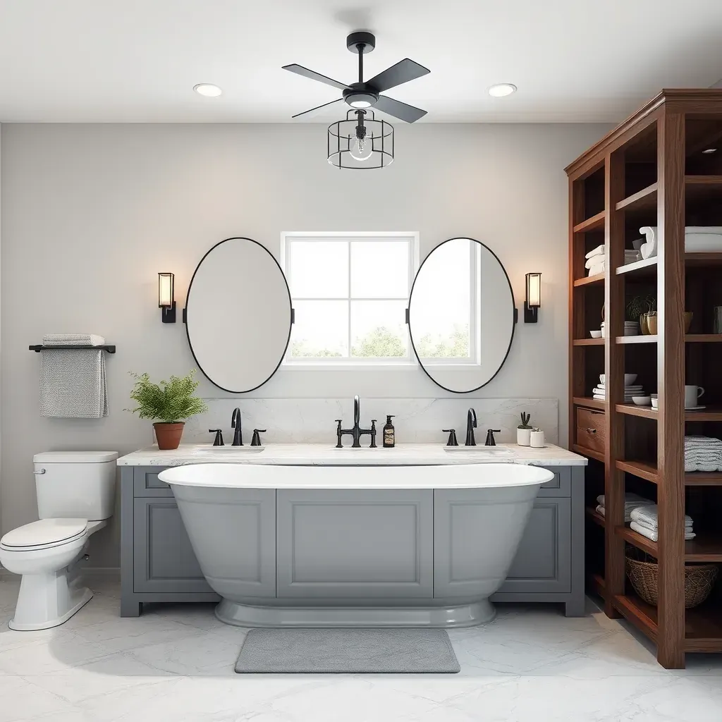 Modern Kerrville bathroom with walk-in shower, marble vanity, earthy tones, and rustic accents.