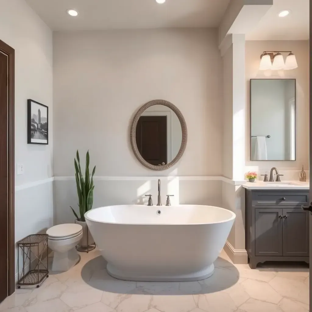 Renovated Florence, TX bathroom with walk-in shower, double vanity, soaking tub, marble tiles, and modern fixtures.