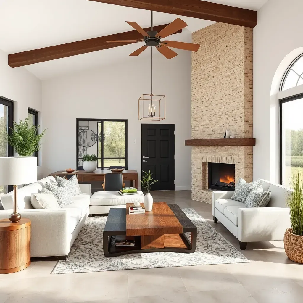 Modern remodeled Bee Cave, TX home exterior with large windows, landscaped yard, wooden deck, stone and siding, set against Texas hill country.