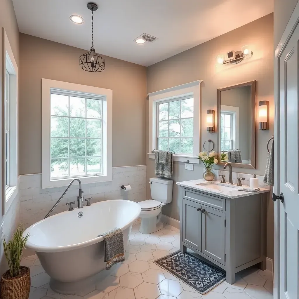 Modern Bastrop, TX bathroom with a freestanding tub, earthy tiles, glass shower, wood-look flooring, and sleek vanities.