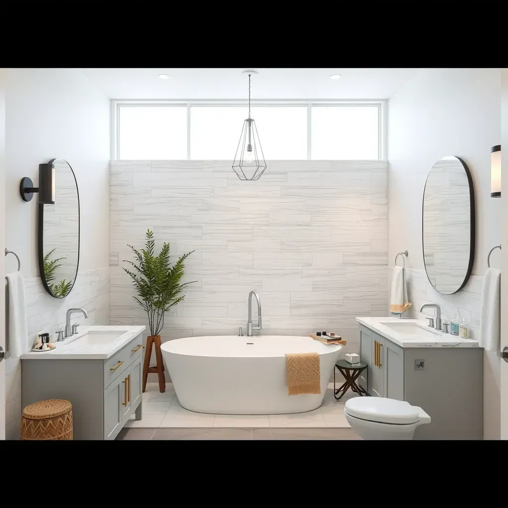 Modern bathroom in Georgetown, TX featuring sleek fixtures, a glass shower, freestanding tub, and natural light.