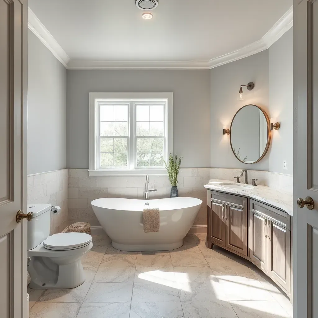 Modern remodeled bathroom in Bee Cave, TX, featuring quartz countertops, glass shower, stylish tiles, and rustic accents.