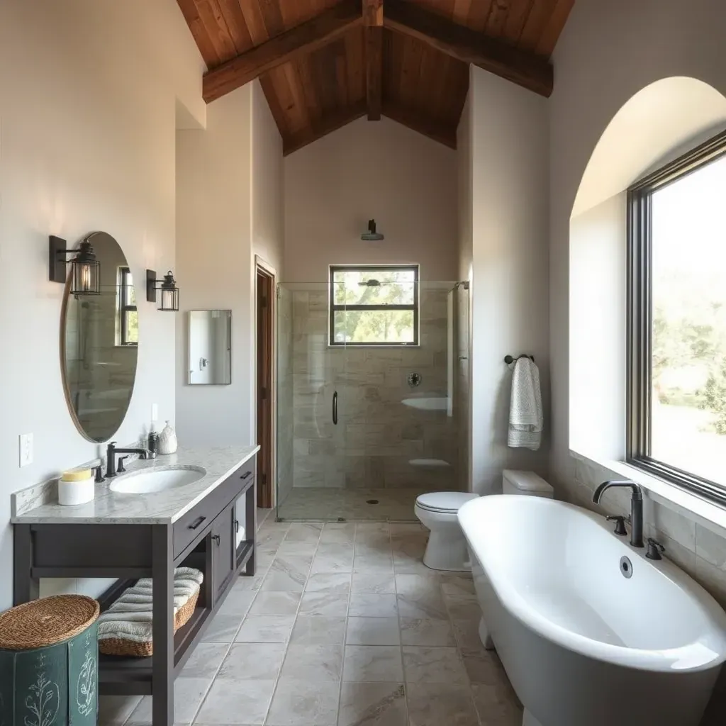 Bathroom remodel in Wimberley, TX featuring a freestanding tub, glass shower, natural wood cabinets, and earth-tone accents.