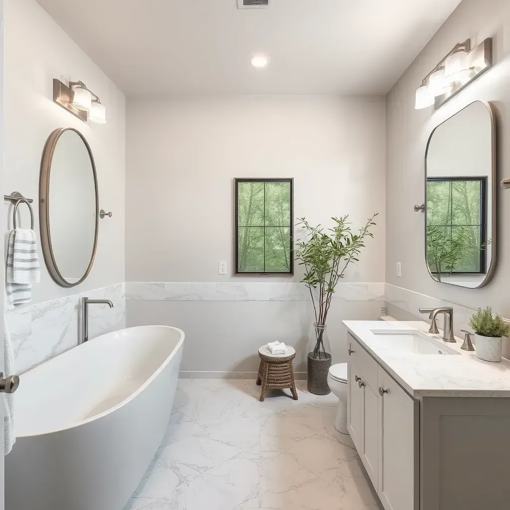 Modern remodeled bathroom in Belton, TX featuring matte black fixtures, walk-in shower, freestanding tub, quartz vanity, and natural light.