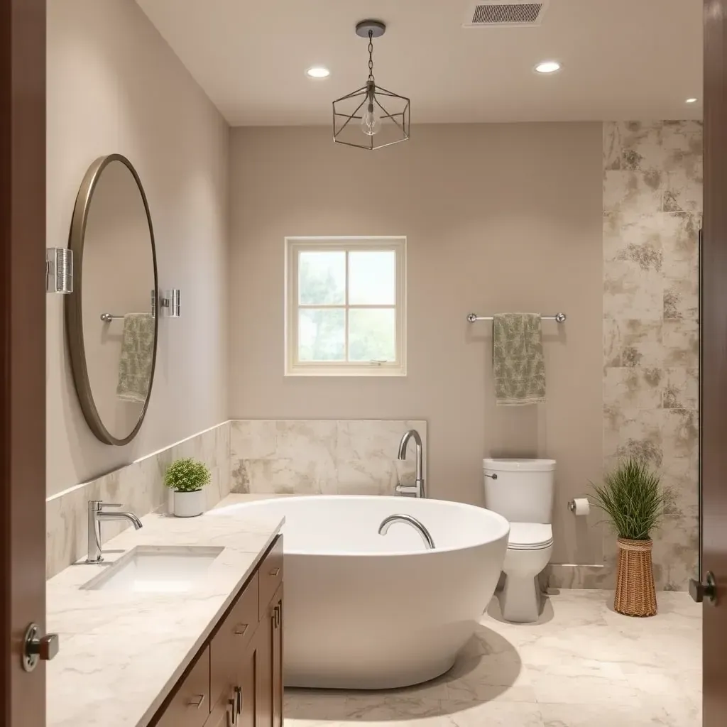 Modern bathroom in Lockhart, TX with glass shower, marble countertops, vessel sinks, tiled floors, and stylish fixtures.