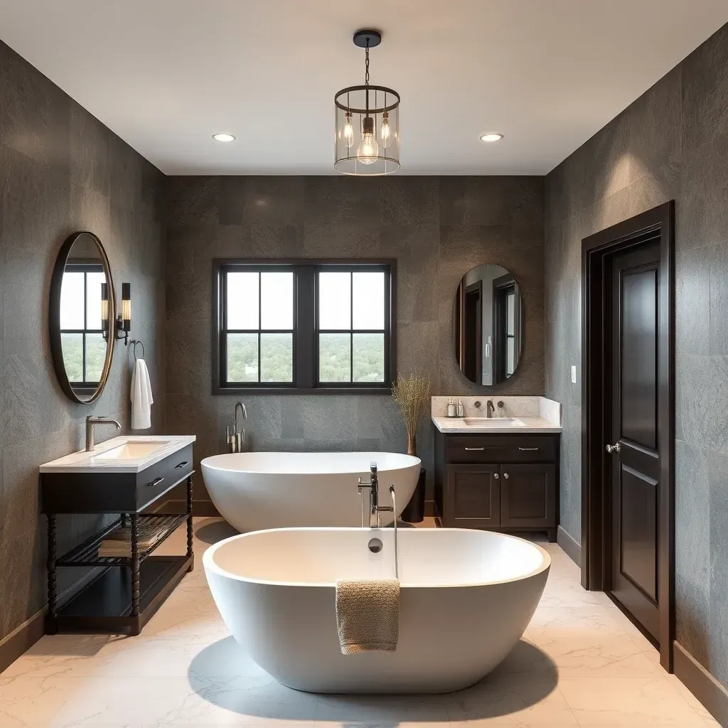 Modern bathroom in Salado, TX with quartz countertops, floating wood vanities, walk-in shower, soaking tub, and natural light.