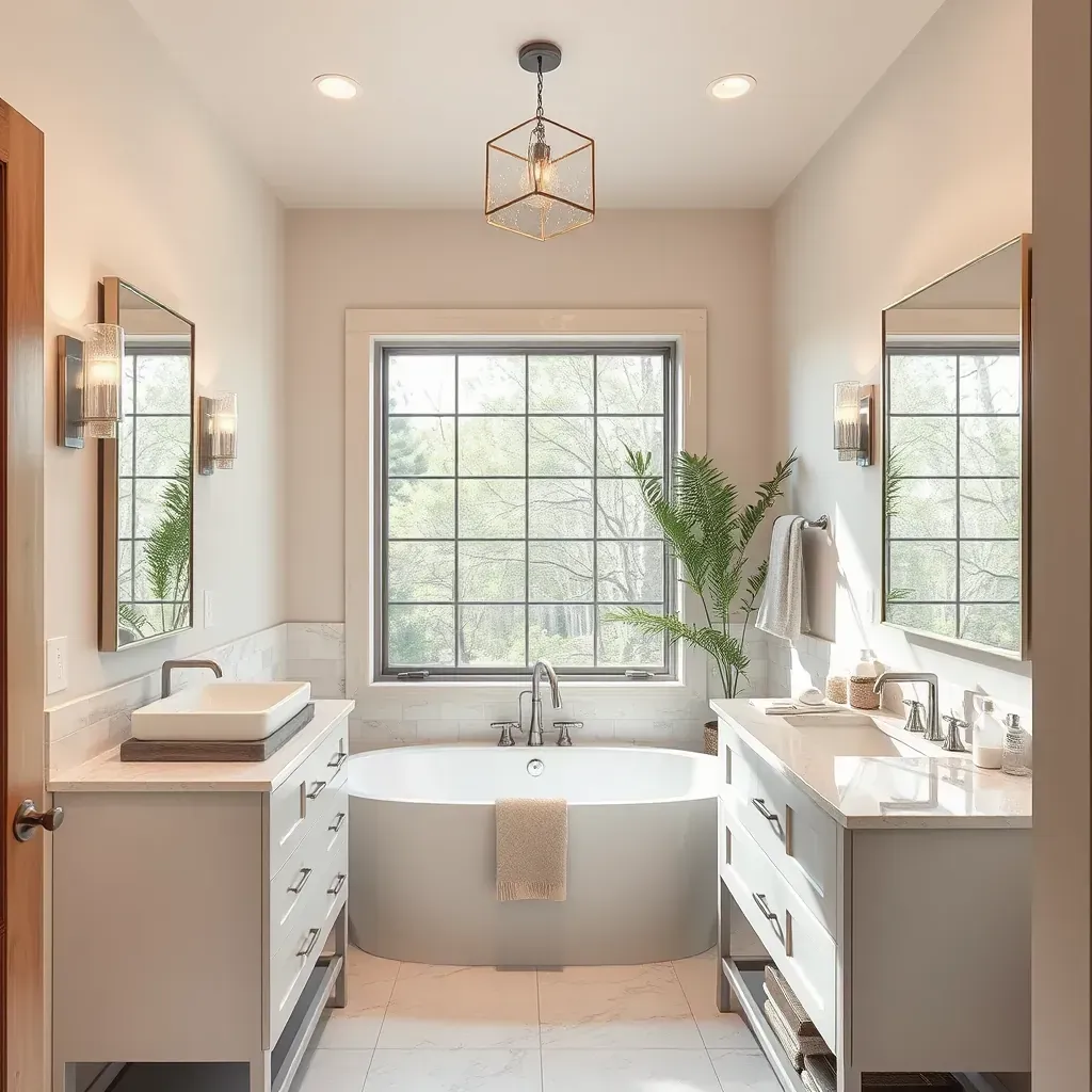 Modern Burnet, TX bathroom featuring a glass shower, freestanding tub, granite countertops, neutral walls, and natural light.