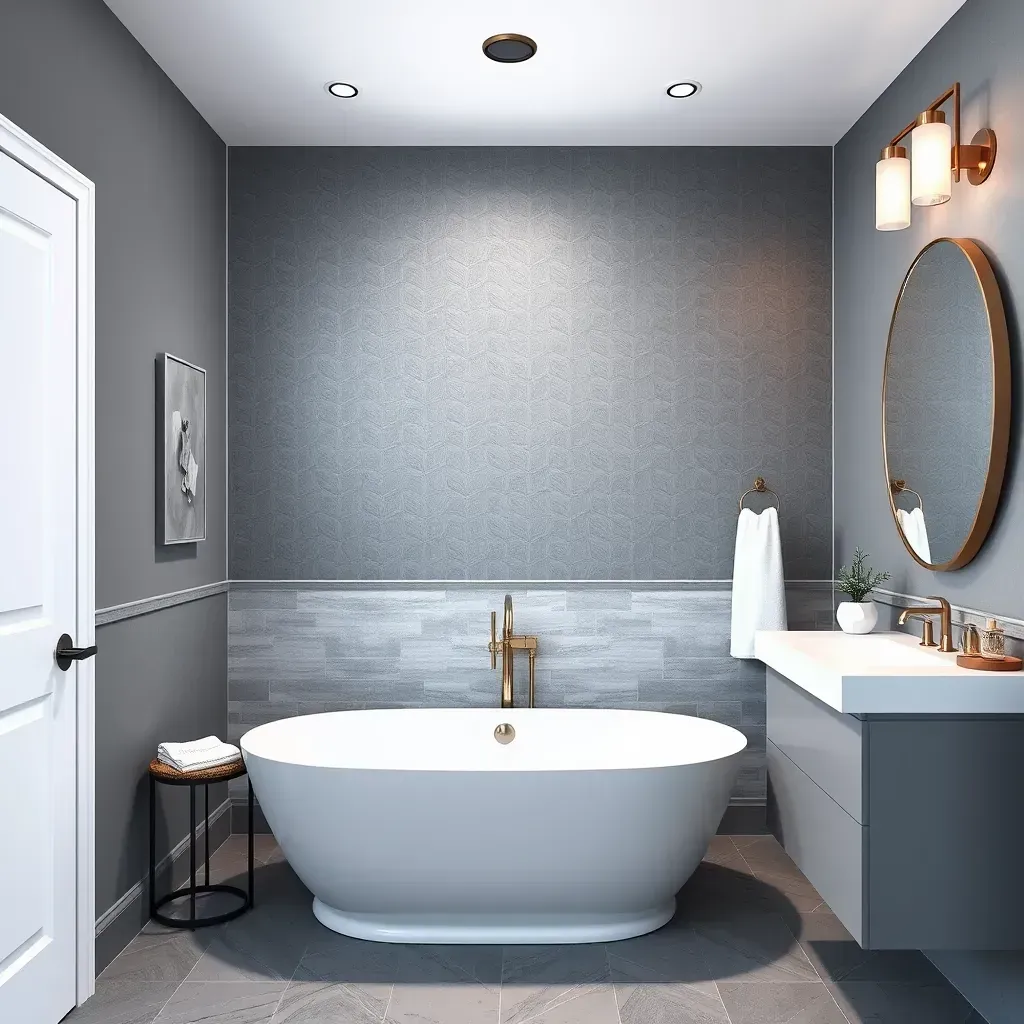 Modern Dallas bathroom with walk-in shower, freestanding bathtub, double vanity, neutral tiles, natural light, and sleek finishes.