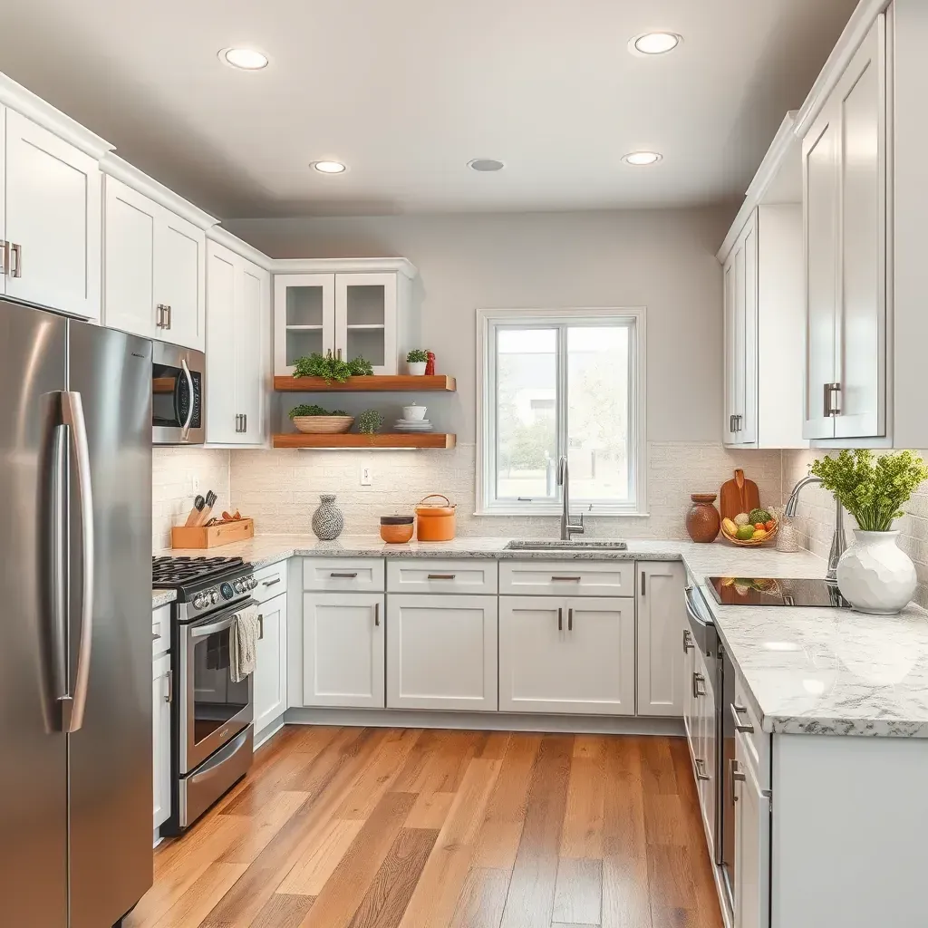 Modern kitchen remodeling in Round Rock, TX featuring stainless steel appliances, granite counters, warm wood cabinets, and vibrant Texas landscape.