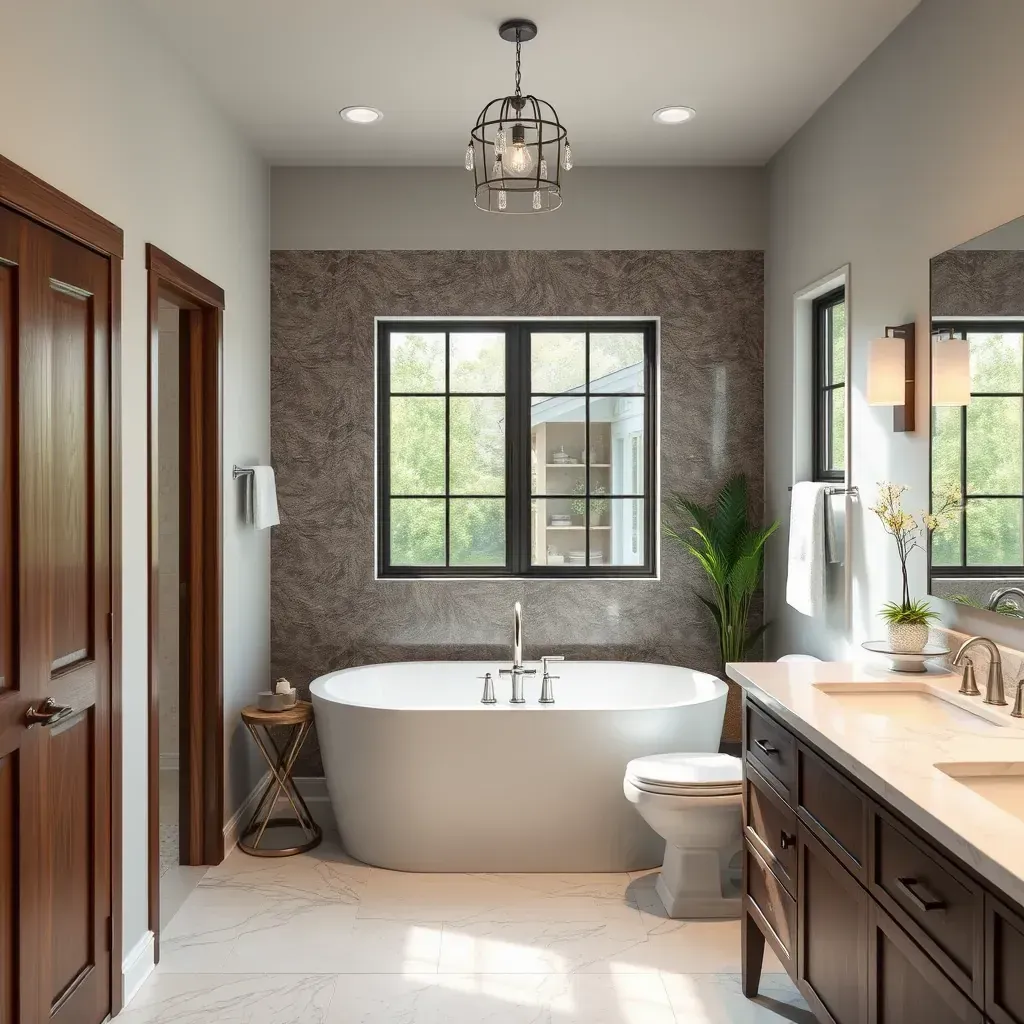 Modern bathroom in San Marcos, TX with a soaking tub, walk-in shower, quartz vanity, and Texas-inspired decor.