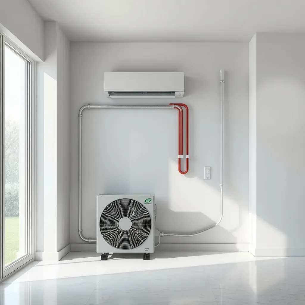 Detailed image of HVAC installation on a Texas-style building in Round Rock, with outdoor AC unit, tools, and native scenery.