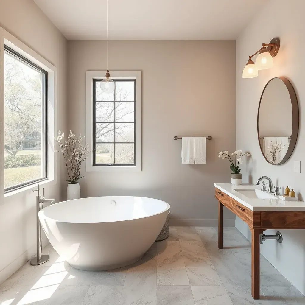 Bathroom remodel in Dripping Springs, TX featuring modern fixtures, natural stone tiling, walk-in shower, and rustic Texas accents.