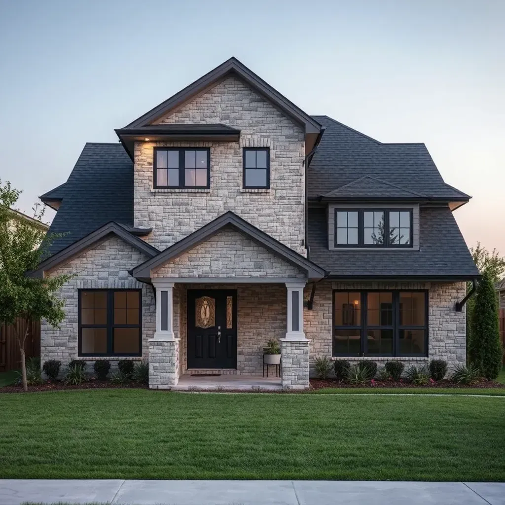 Modern renovated home exterior in Taylor, TX with lush lawn, native plants, neutral siding, wooden accents, energy-efficient windows, and remodeling tools.