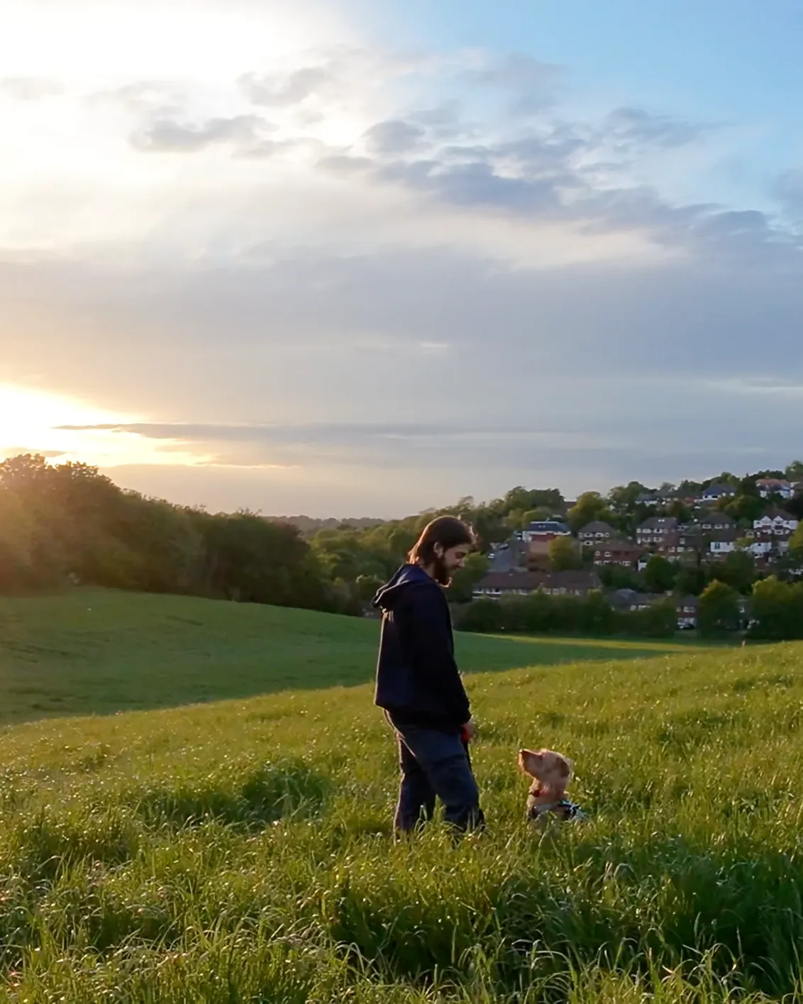 Serene portrait photo of an adult dog and owner