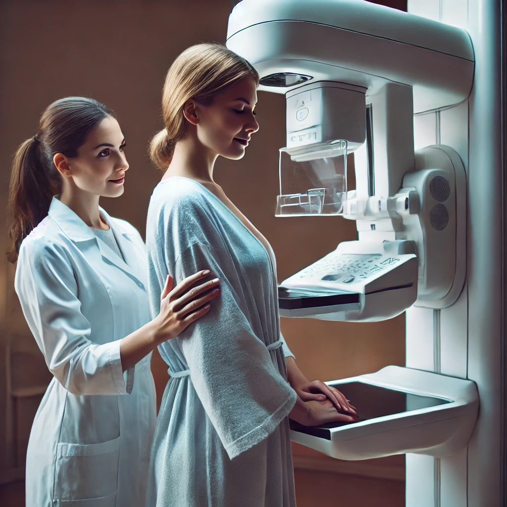 Female mammography technician assisting a patient during a 2D mammogram procedure, showcasing ProLife Imaging's reliable and state-certified mobile mammography services in Southern California