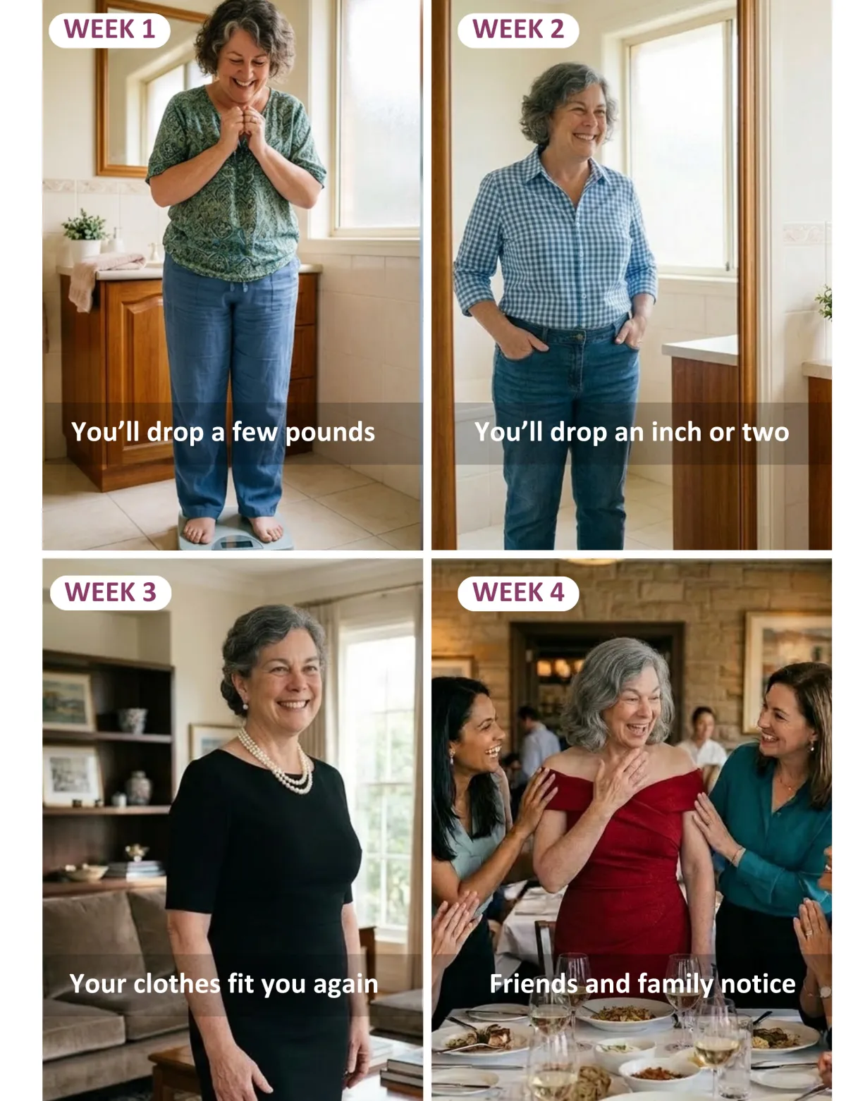 Week 1: drop a few pounds. Week 2: drop an inch or two. Week 3: clothes fit again. Week 4: friends and family notice.