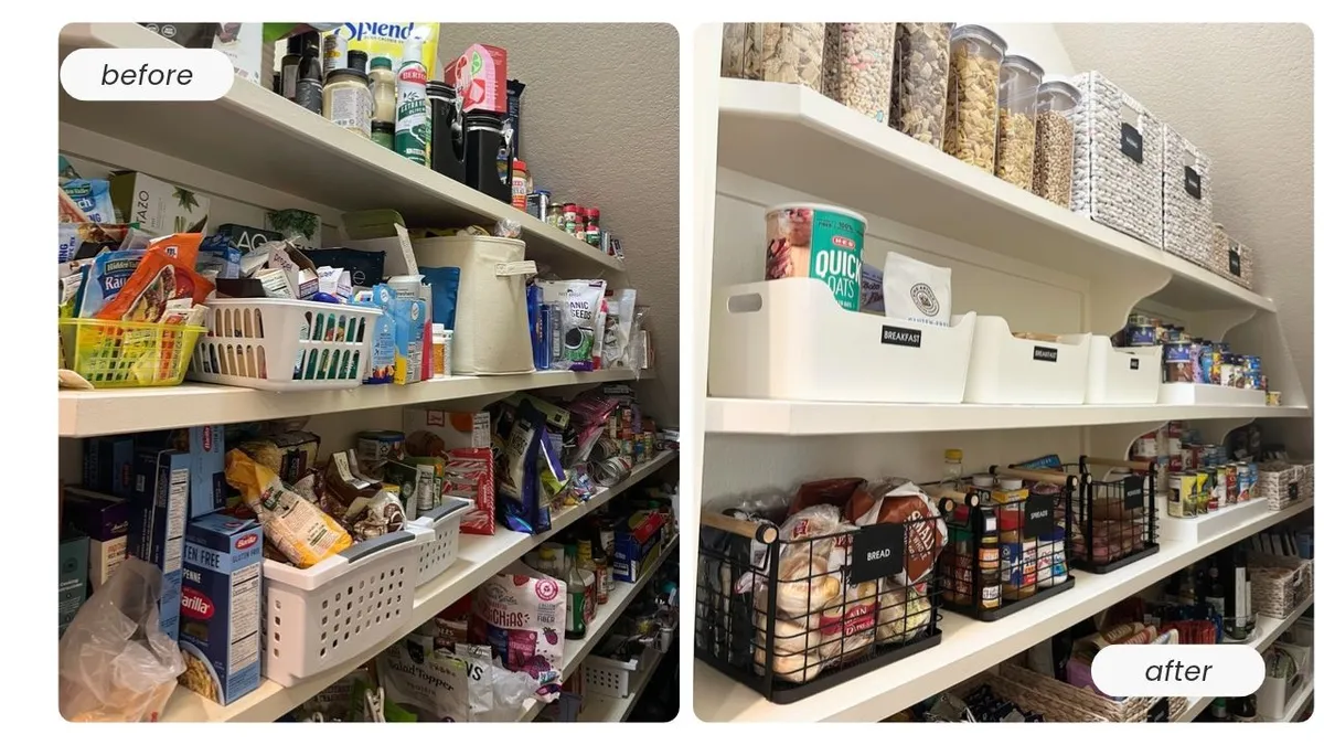 Before and after pantry by Tidy Crescent Co., from mismatched plastic baskets to white bins, wire baskets, and tall canisters