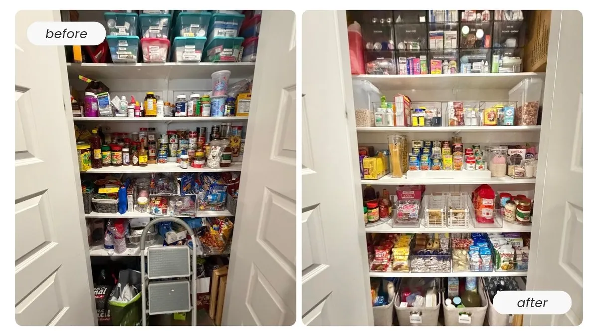 Before and after reach-in pantry by Tidy Crescent Co., from crowded shelves and a step stool to rows of clear bins