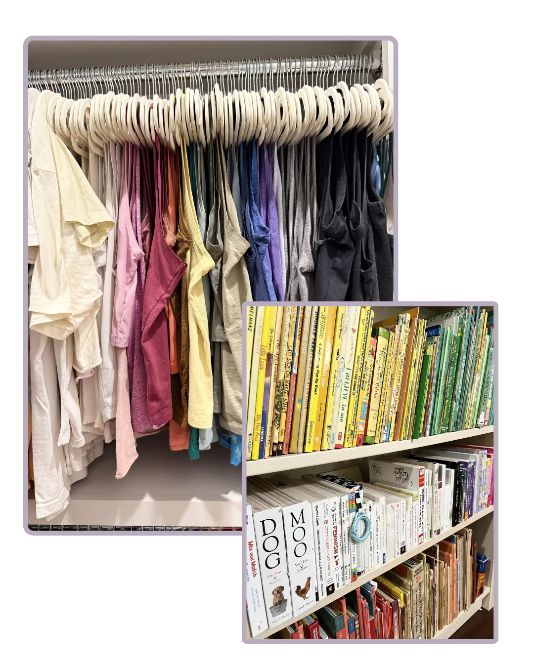 Organized closet with color-sorted clothing on hangers and neatly arranged children’s books on shelving