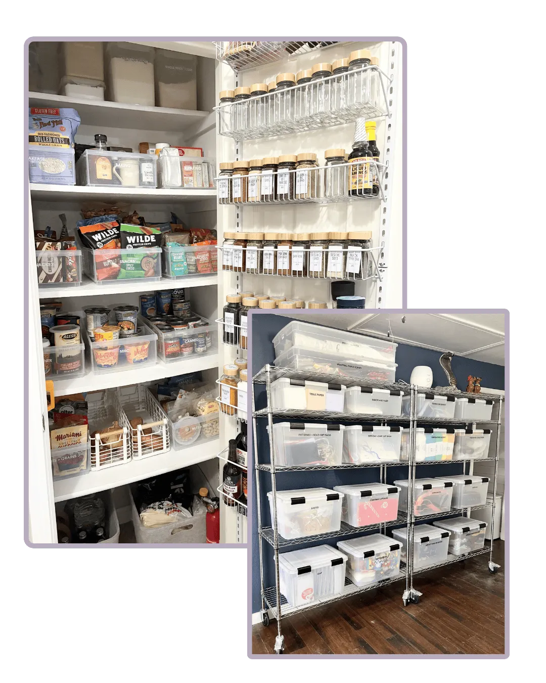 Organized pantry with labeled spice racks and bins alongside clear storage containers arranged on metal shelving