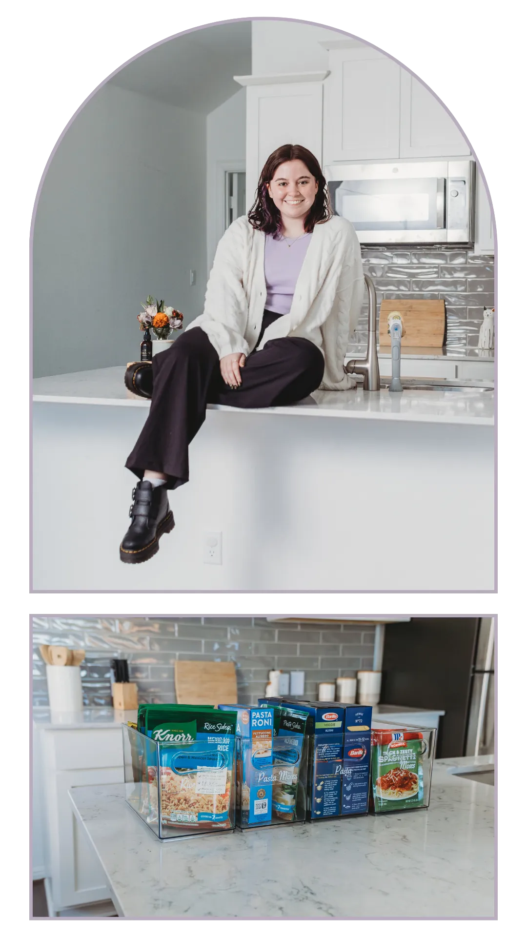 Professional home organizer Jamie sitting on a kitchen counter in a bright, organized home
