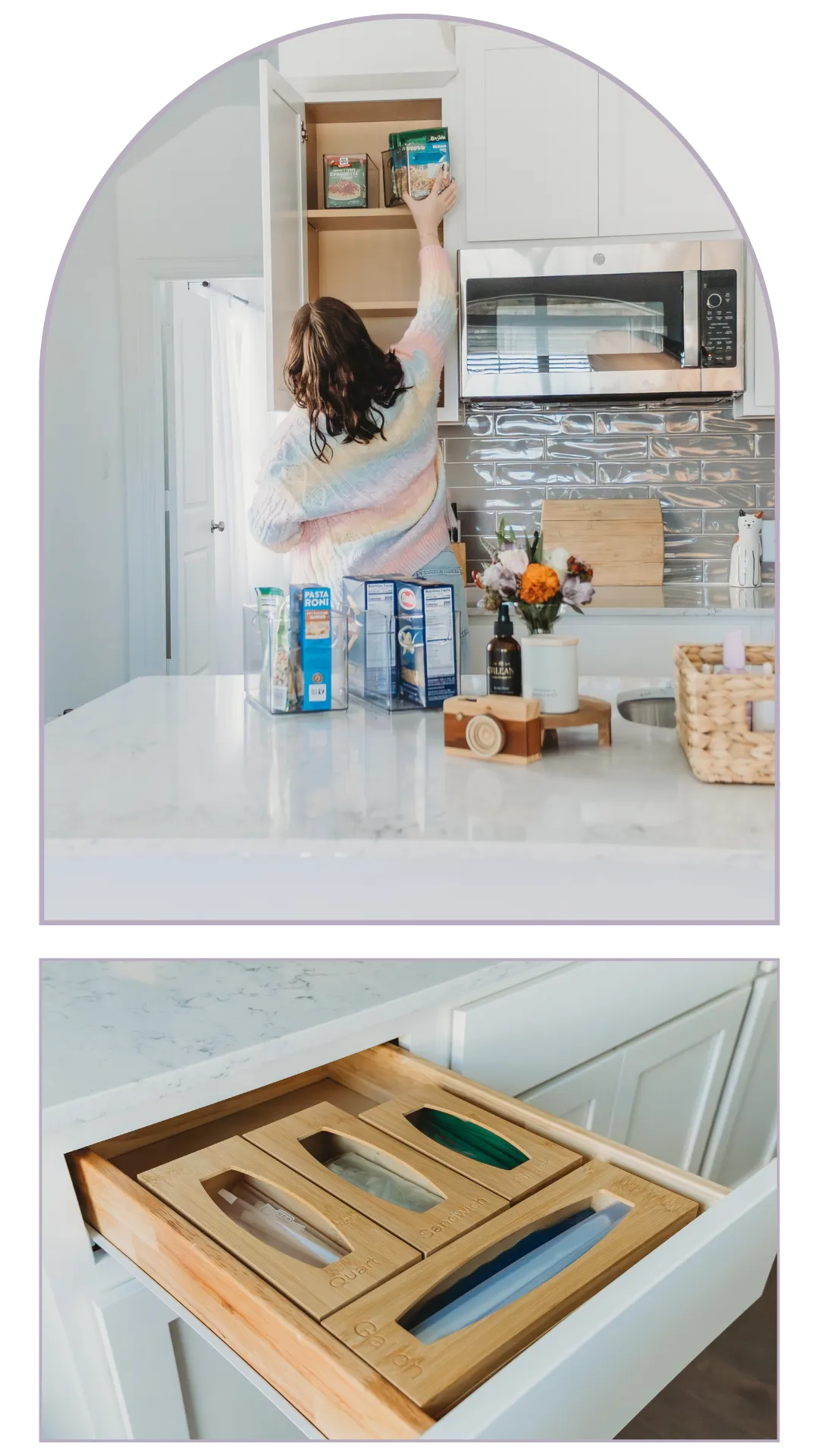 Professional home organizer restocking a kitchen cabinet with pantry bins above an organized drawer storage system