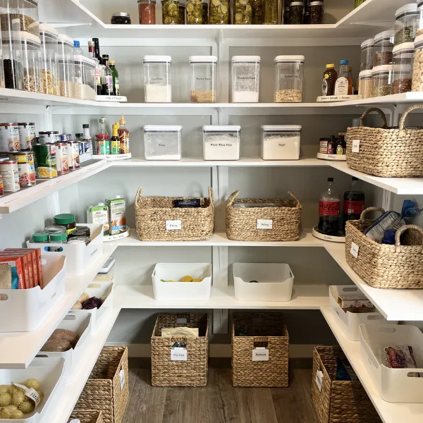 Organized pantry with labeled containers, baskets, and bins designed for easy access and ADHD-friendly home organization