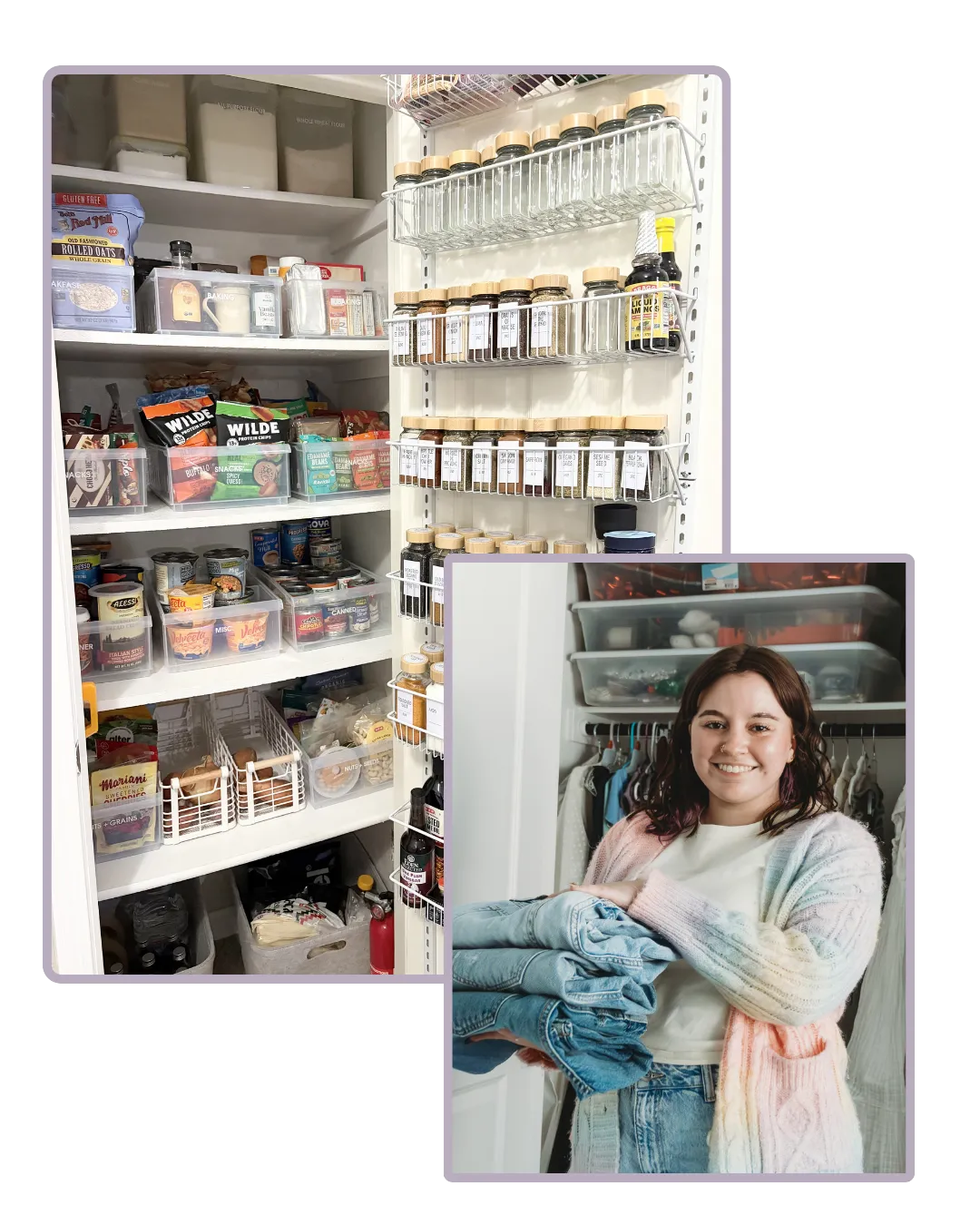 Organized pantry with labeled spice jars, clear food containers, and categorized shelves for easy kitchen organization