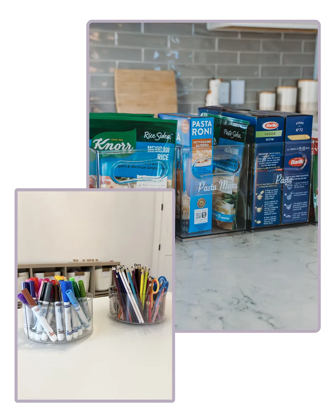 Pantry staples organized in clear containers with boxed pasta and rice neatly arranged on a kitchen counter