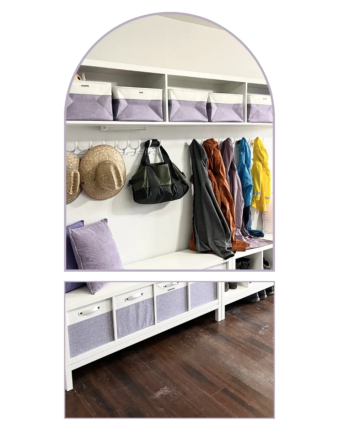 Organized mudroom with labeled bins, wall hooks for coats and bags, and functional storage system for busy families
