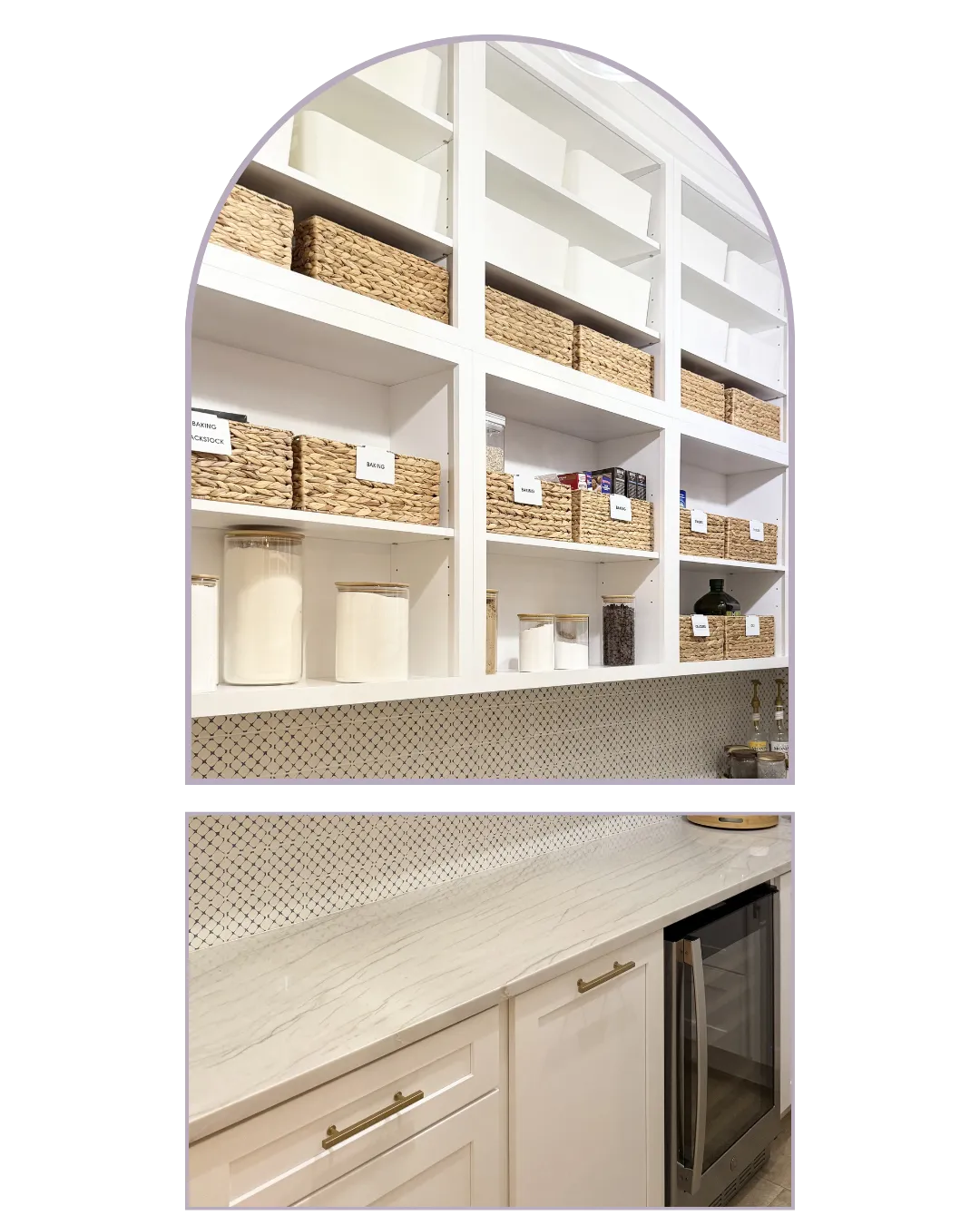 Organized kitchen pantry shelves with labeled baskets, glass storage jars, and clean functional kitchen organization system