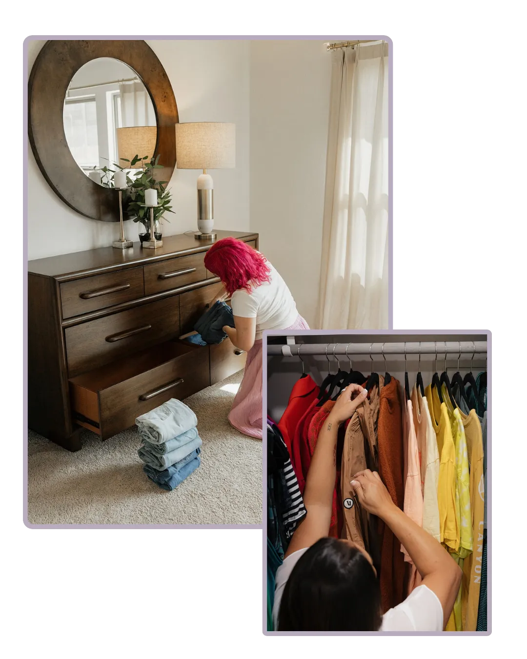 Austin closet organization by Tidy Crescent Co., with folded jeans in a dresser and hanging clothes sorted by color