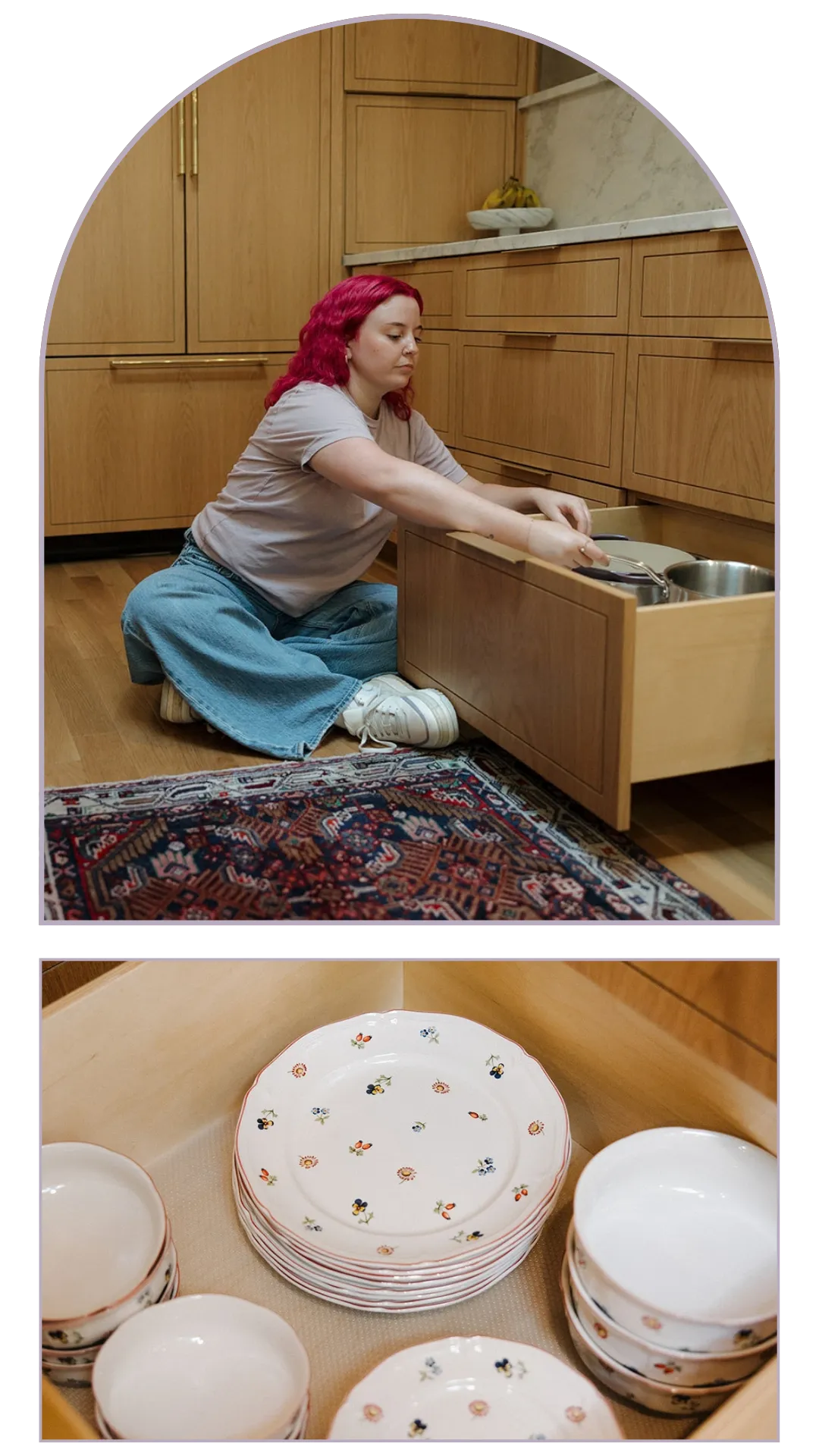 Professional home organizer restocking a kitchen cabinet with pantry bins above an organized drawer storage system