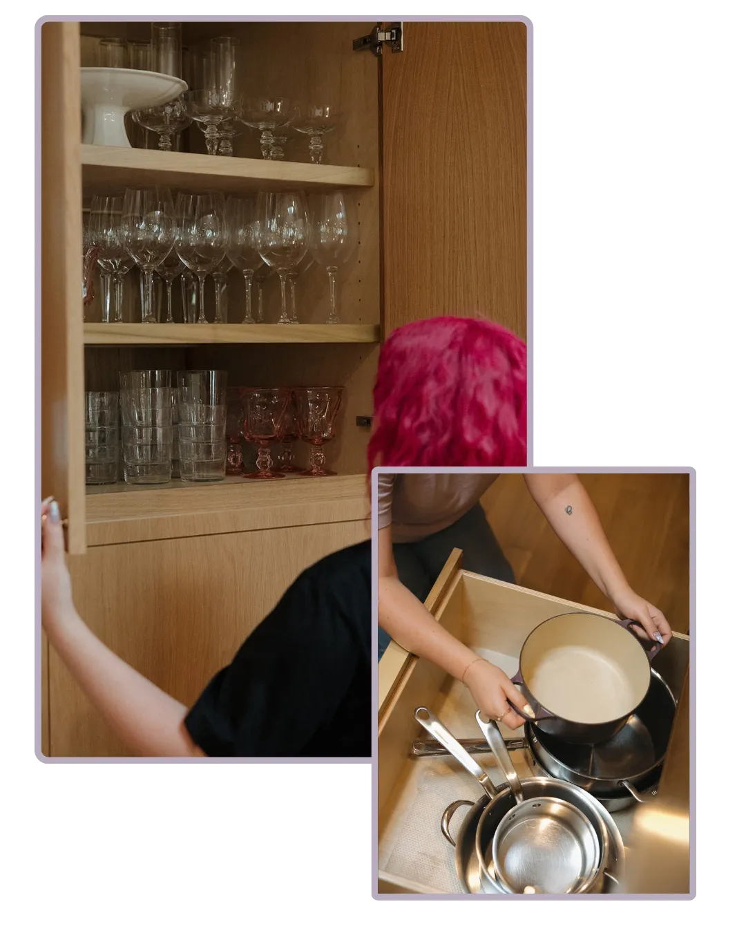 Tidy Crescent Co. organizer opening a cabinet of neatly arranged glassware and stacking pots and pans in a deep kitchen drawer