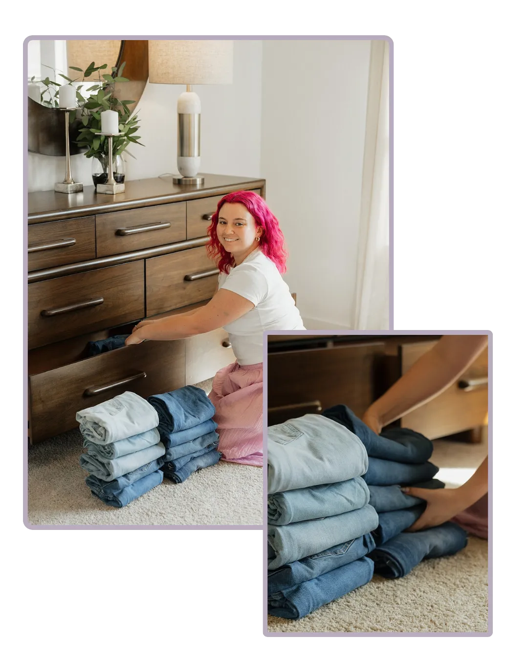 Jamie McPhaul, founder of Tidy Crescent Co., smiling by a wood dresser with stacks of folded jeans sorted by wash