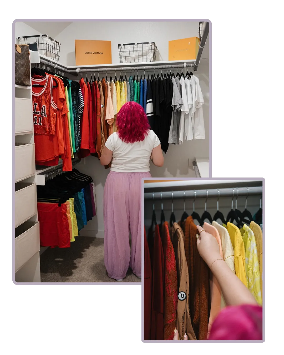 Tidy Crescent Co. organizer arranging a walk-in closet with clothes sorted by color on black hangers and wire baskets
