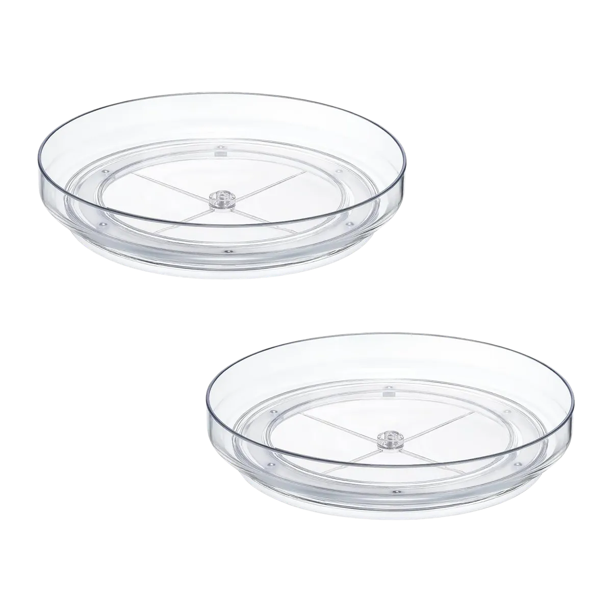 Two clear Lazy Susan turntables for organizing sauces, oils, and spices in a pantry