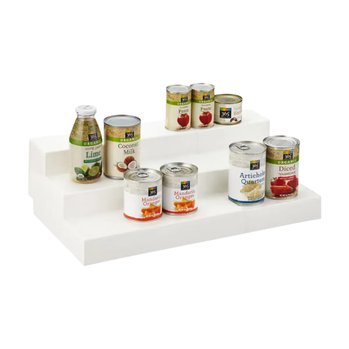 White three-tier expandable shelf riser holding canned goods for pantry organization