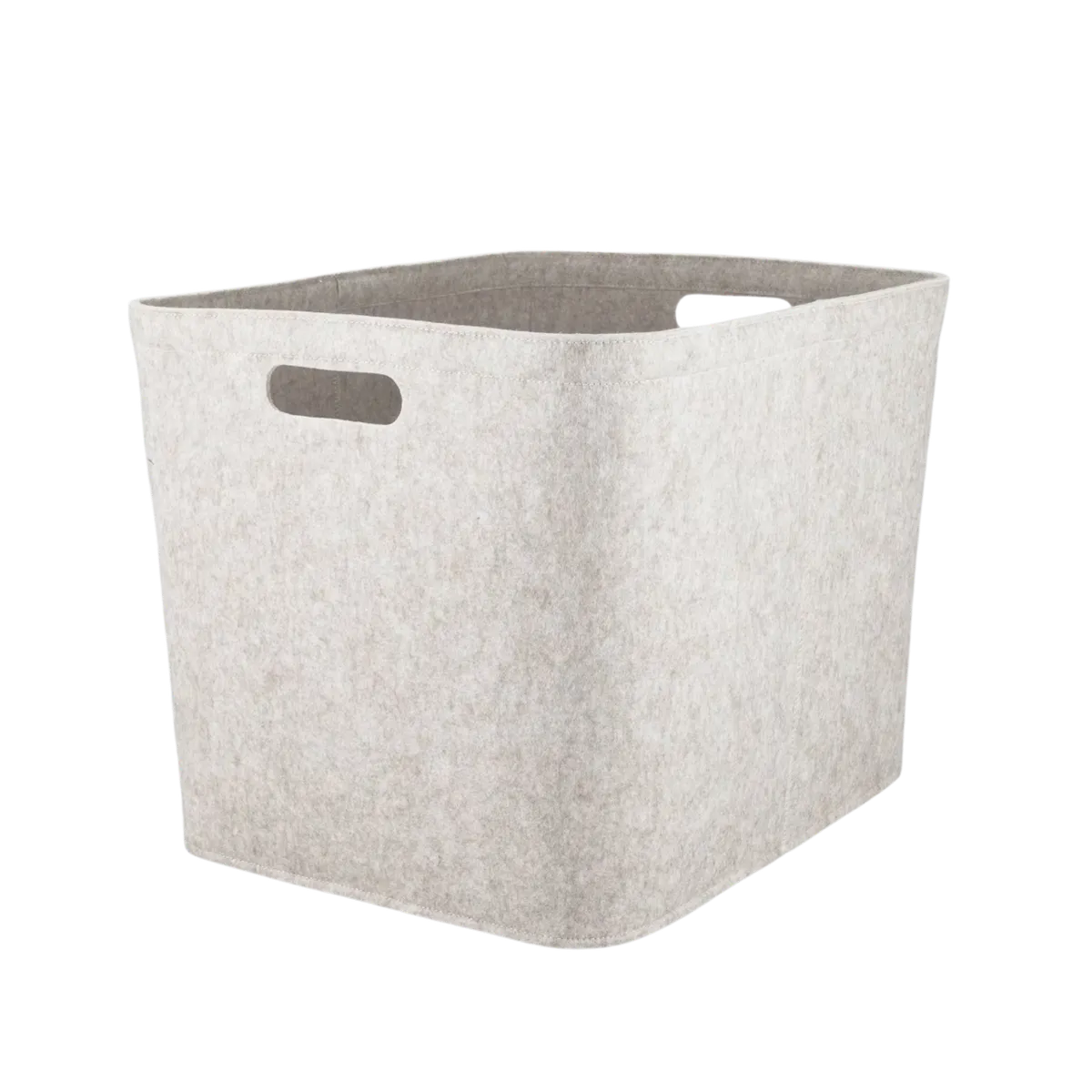 Light gray felt storage bin with cutout handles for closets, shelves, and toy storage