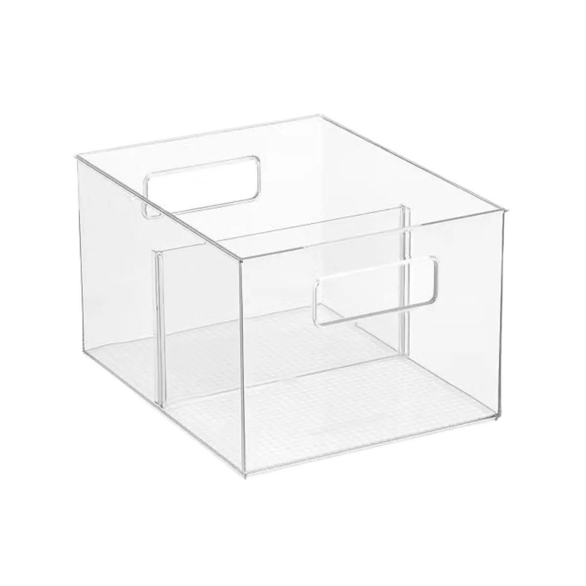 Clear plastic storage bin with cutout handles for pantry and fridge organization