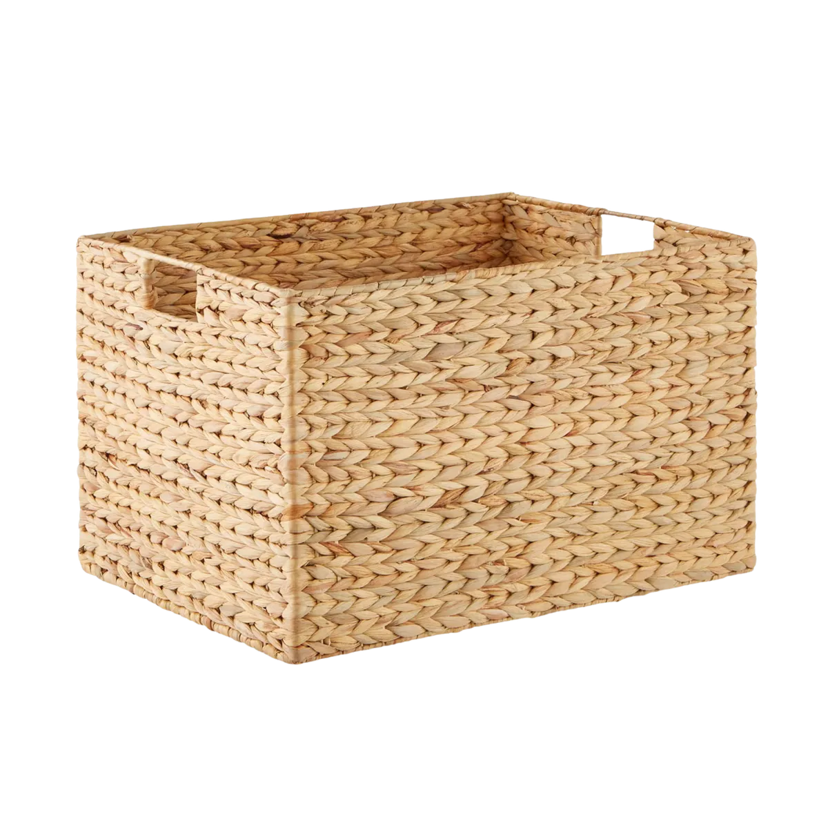 Woven water hyacinth basket with handles for pantry, closet, or shelf storage