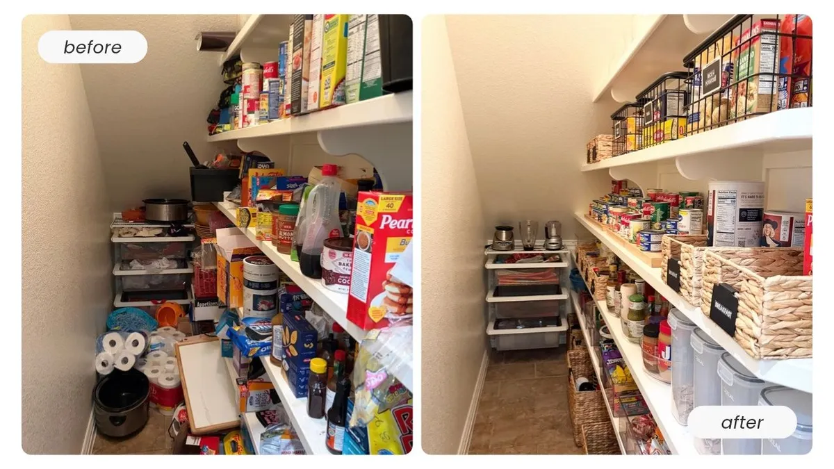 Before and after under-stairs pantry by Tidy Crescent Co., from a cluttered floor to wire baskets and labeled woven bins