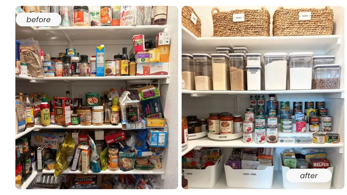Before and after pantry organization by Tidy Crescent Co., from crowded shelves to labeled baskets, bins, and canisters