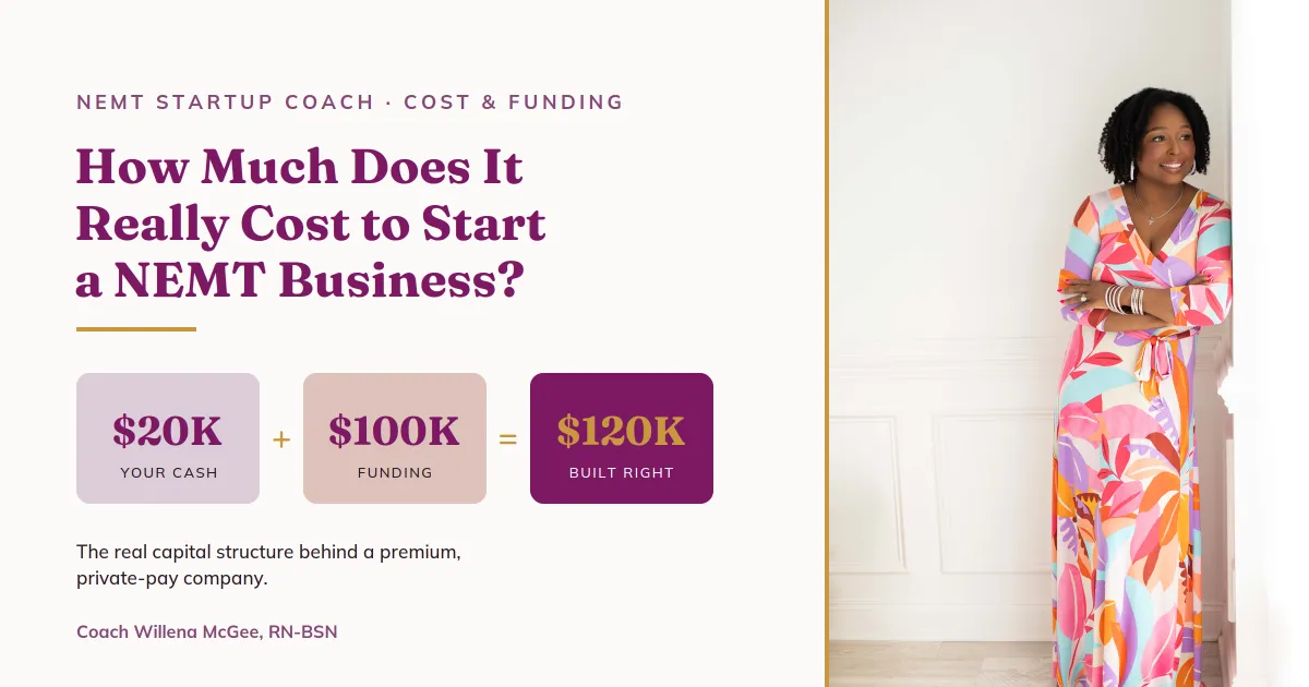 Coach Willena McGee, RN-BSN, breaks down the real cost to start a NEMT business — about $20,000 of your own cash plus $100,000 in funding.