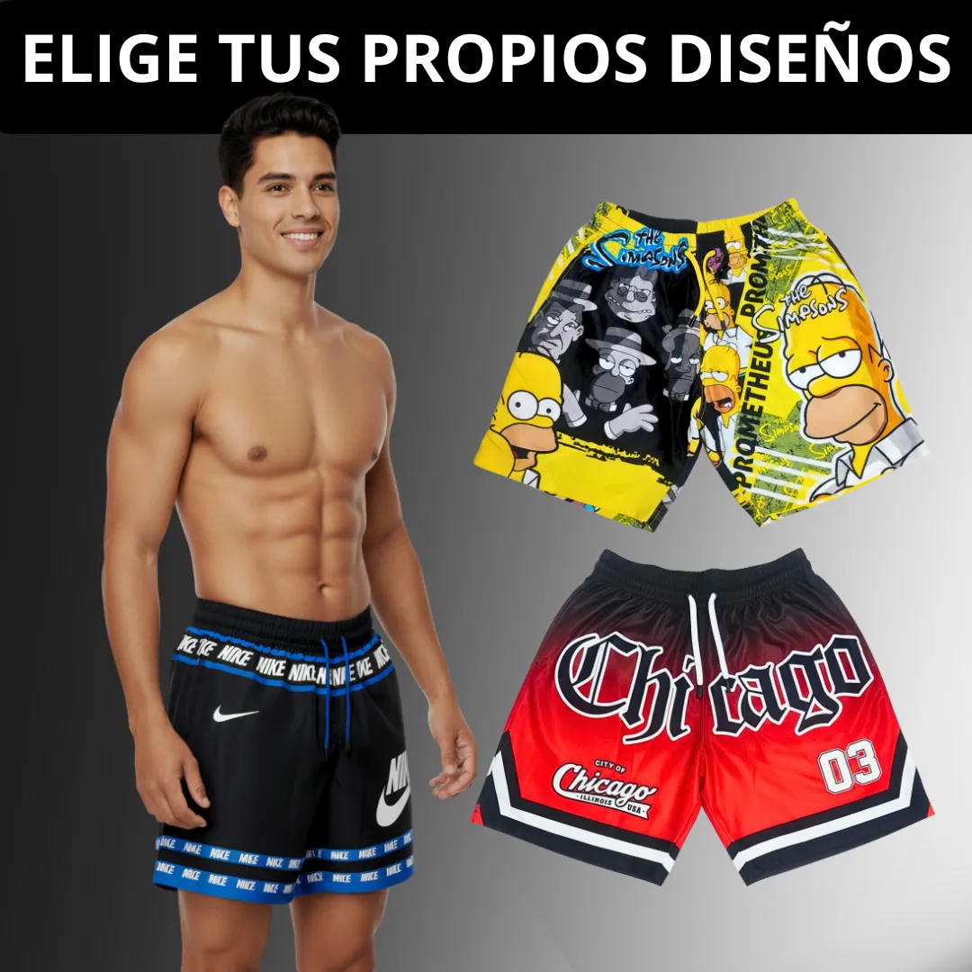 Three pairs of shorts in different bold colors and patterns, flat lay.